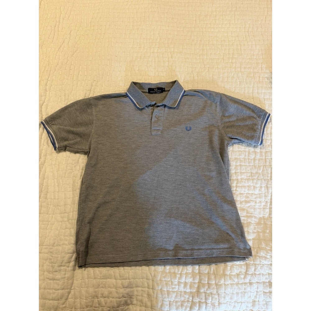 Fred Perry Men's Polo Shirt 100% cotton Medium Gray With Blue And White Trim